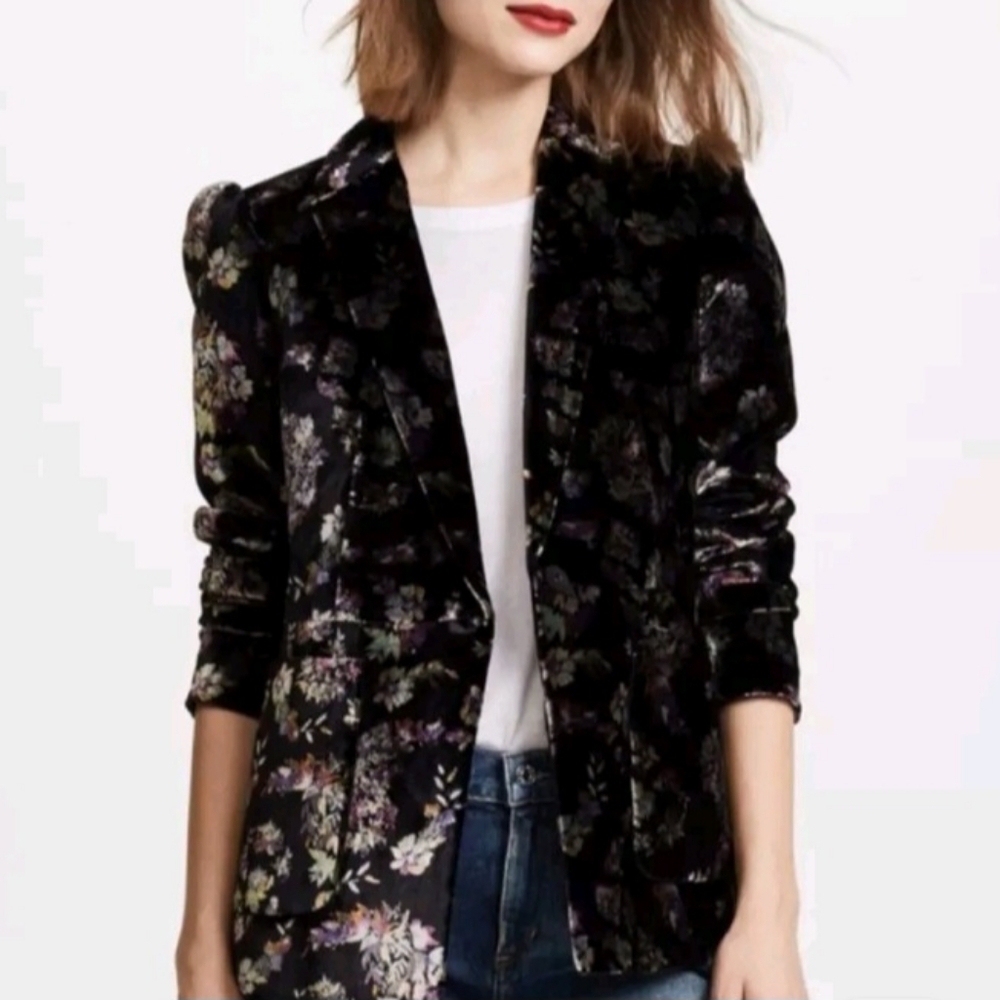 Rebecca Taylor Jewel Black Floral Velvet Jacket Blazer Size 4 - Picture 2 of 14
